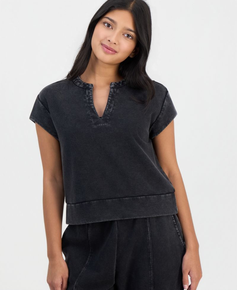 Petite French Terry Split-Neck Cap-Sleeve Top