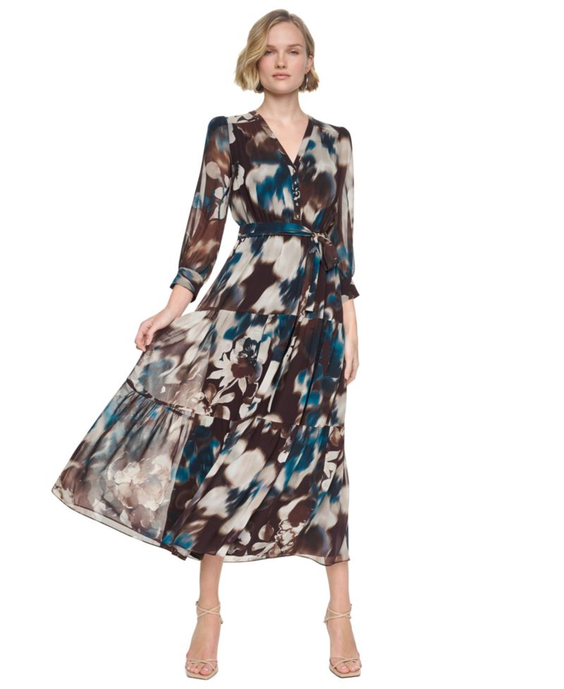 Women's Floral-Print Tiered V-Neck Maxi Dress