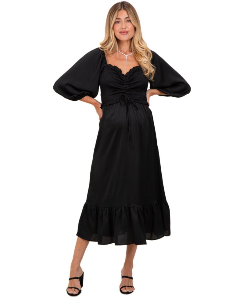 Women's Black Satin Smocked Cinched Bust Midi Dress