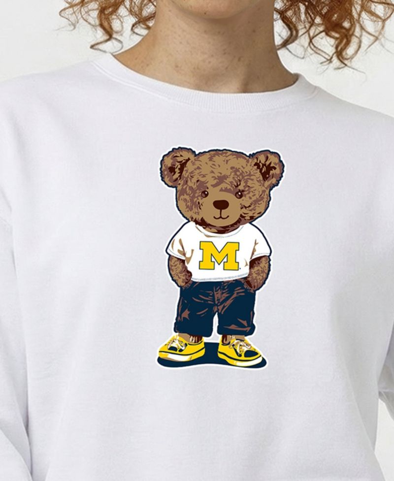 Women's White Michigan Wolverines Teddy Bear Fleece Sweatshirt