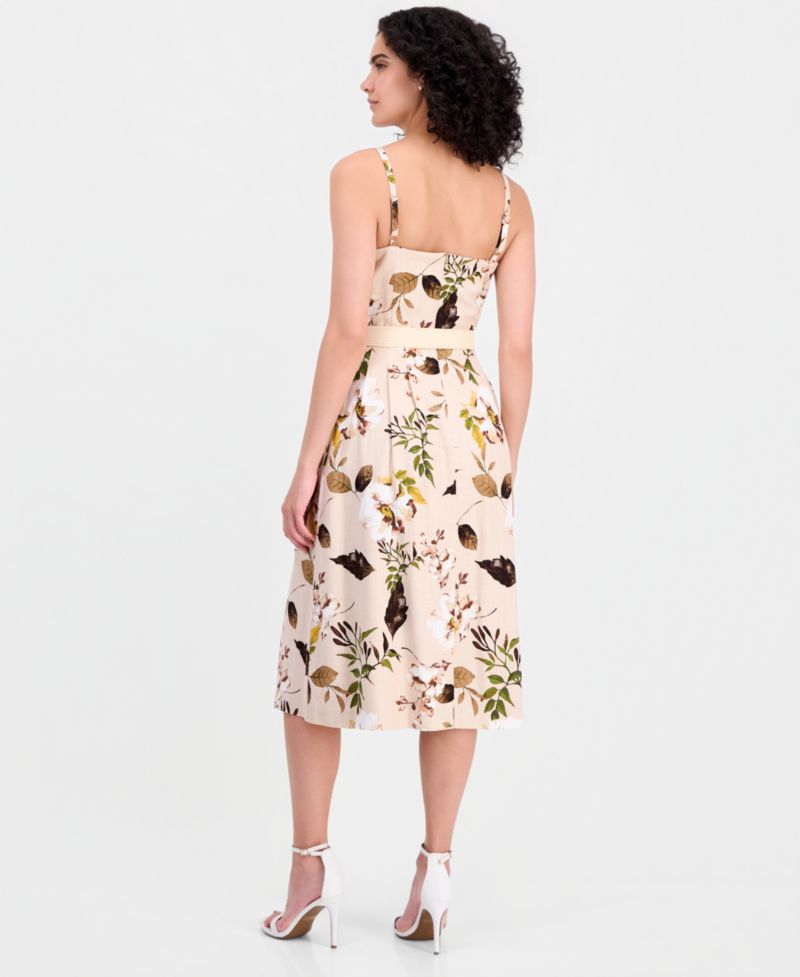 Women's Printed Belted Sleeveless Linen Blend Dress