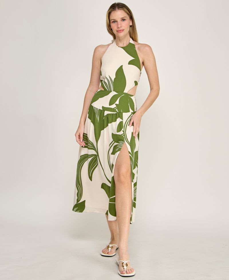 Juniors' Halter Neck Fit And Flare Midi Dress