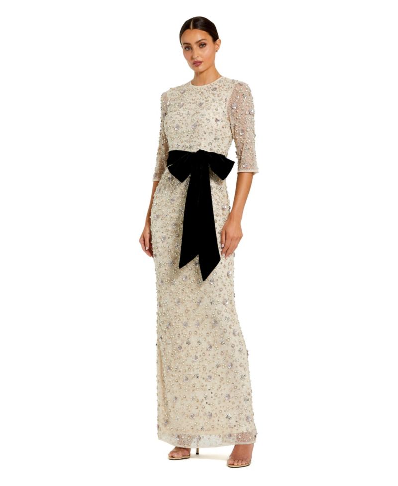 Women's Embellished Mesh Column Gown with Velvet Bow