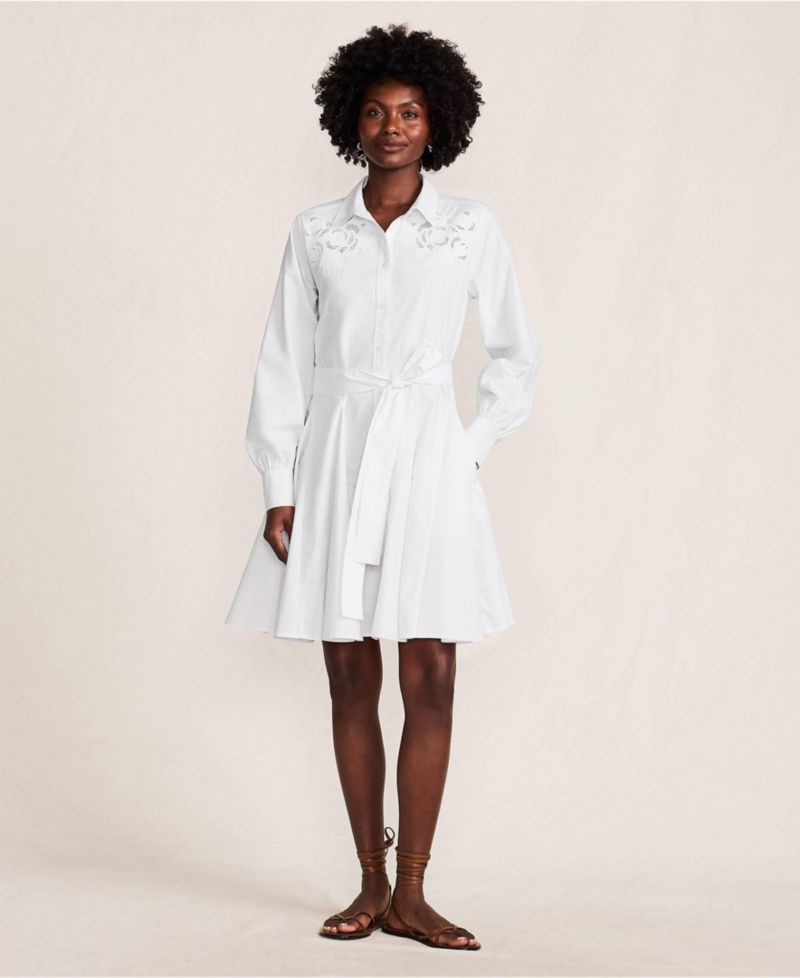 Women's Embroidered Poplin Button Front Dress with Godets
