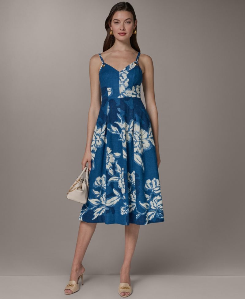 Women's V-Neck Linen Blend Fit & Flare Sleeveless Midi Dress