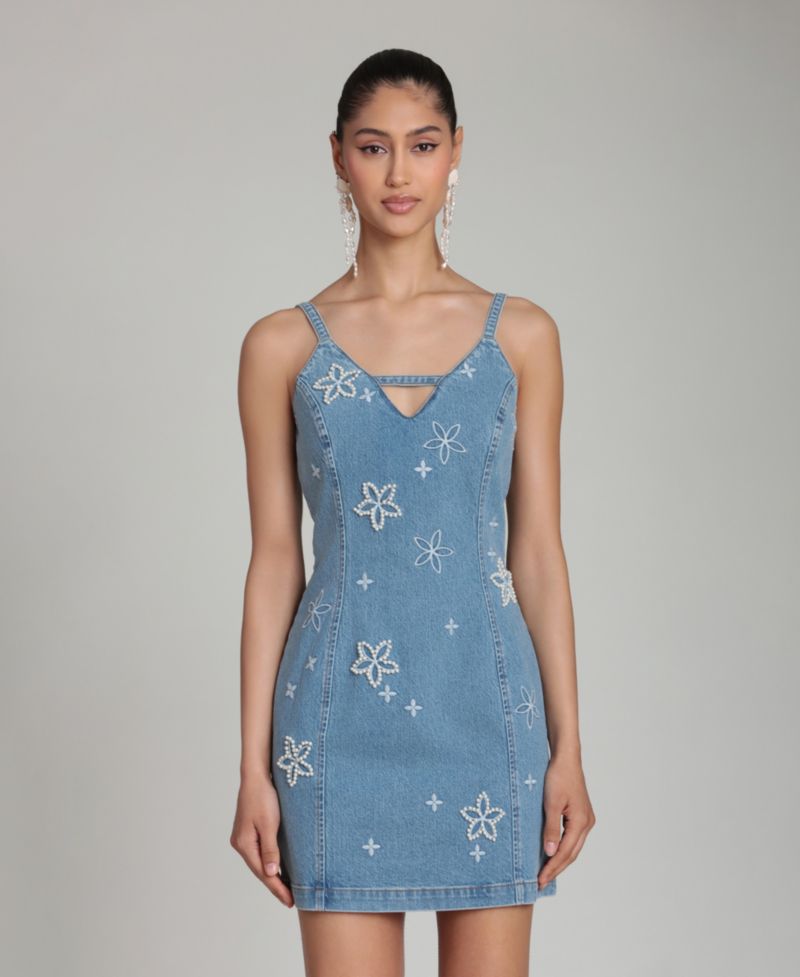 Women's Imitation Pearl Embroidered Detail Mini Dress
