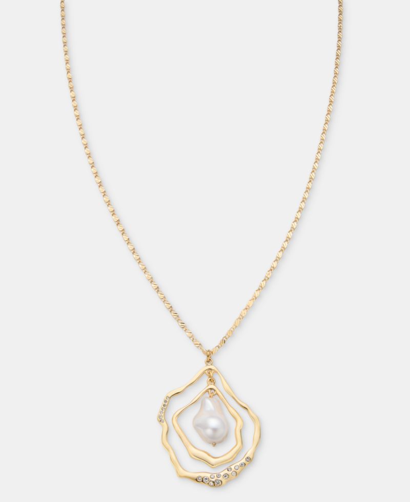 Pav&eacute; & Imitation Pearl Orbital Pendant Necklace, 32" + 3" extender