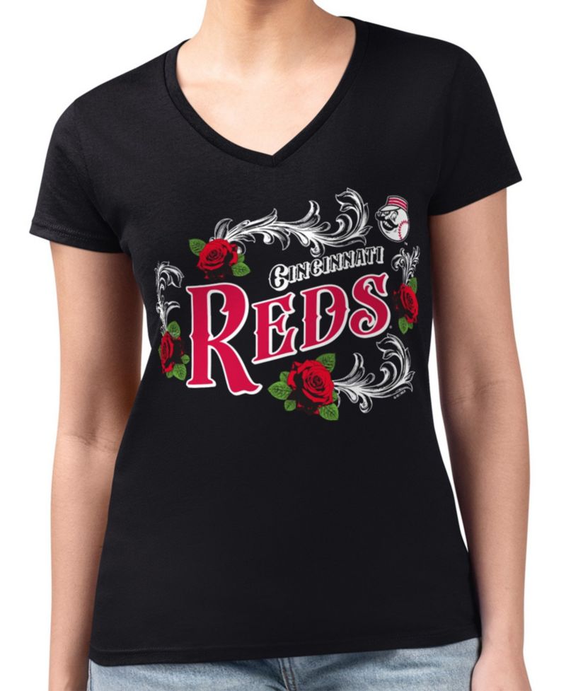 Women's Black Cincinnati Reds Super-Slim Fit Lightweight Retro Roses V-Neck T-Shirt