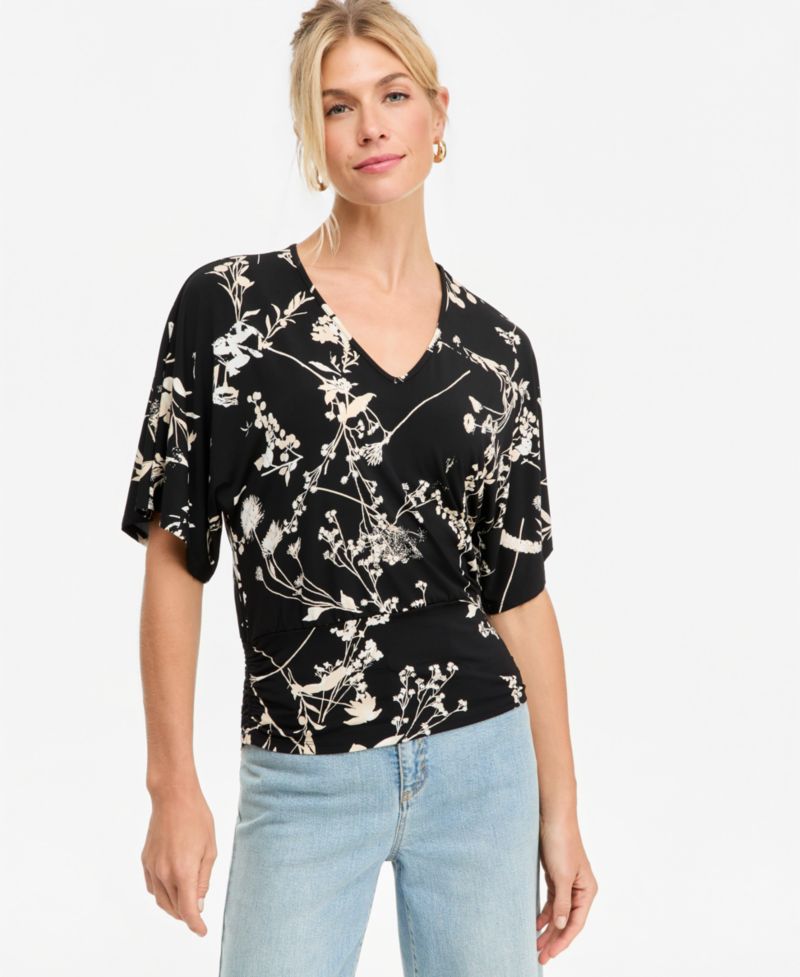 Women's Floral V-Neck Short-Sleeve Blouse