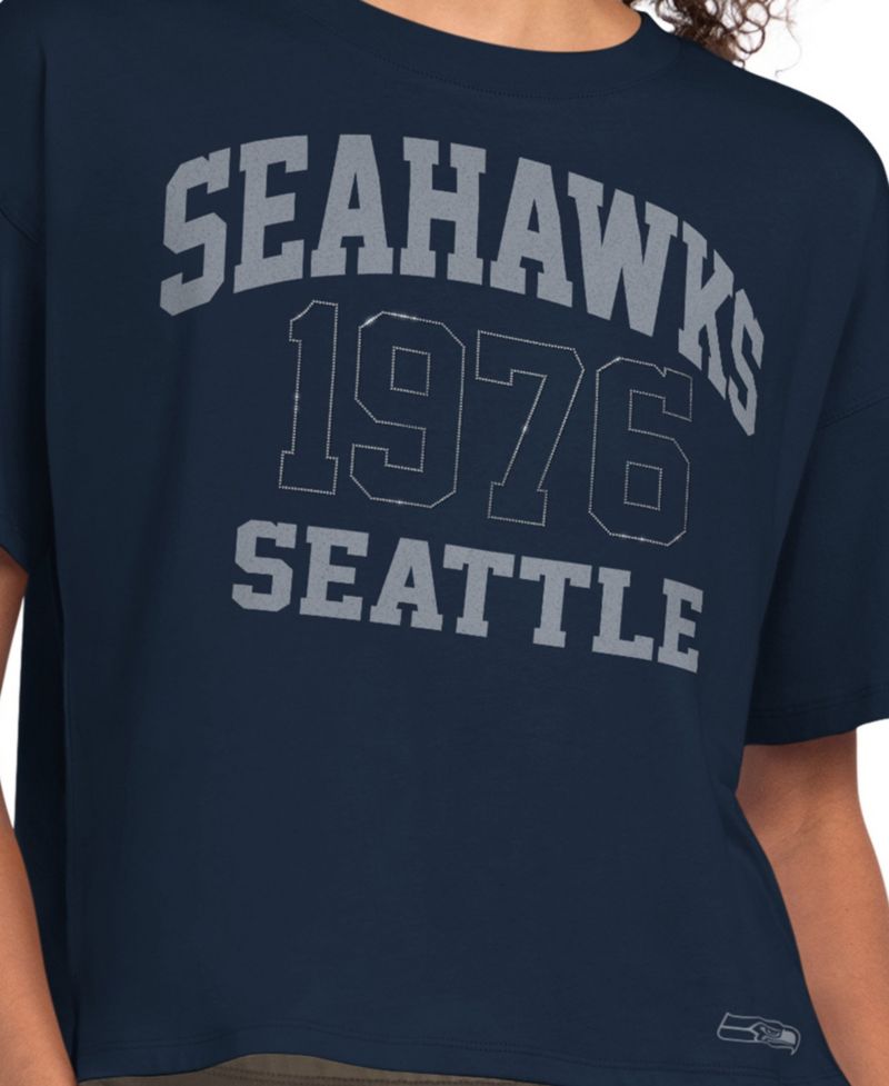 Women's Navy Seattle Seahawks Rhinestone Boxy Cropped T-Shirt
