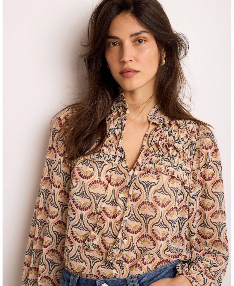 Women's Floral-Print Ruffle-Trim Tie-Front Long-Sleeve Blouse