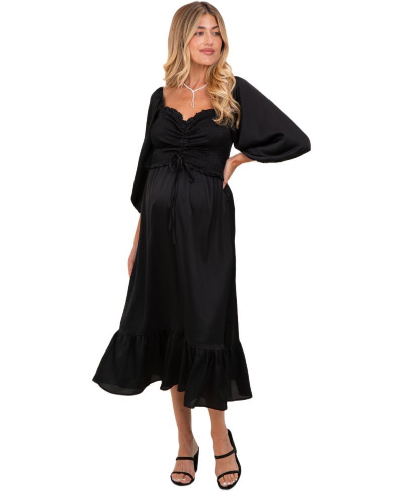 Women's Black Satin Smocked Cinched Bust Midi Dress