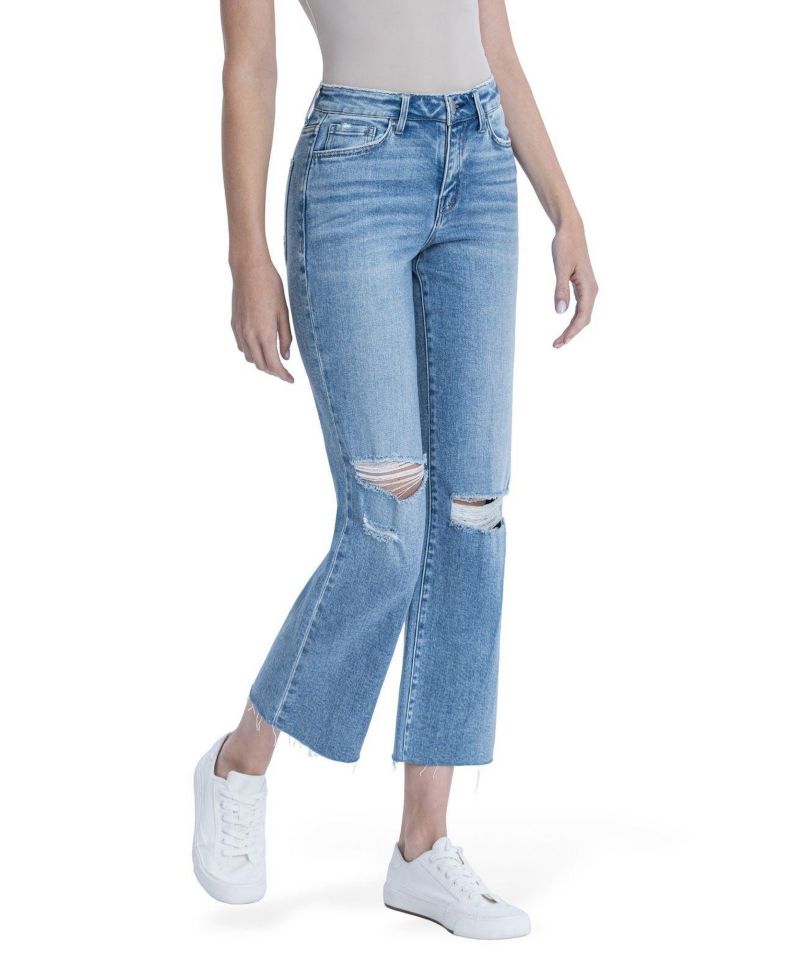 Women's High Rise Raw Hem Crop Slim Wide Leg Jeans