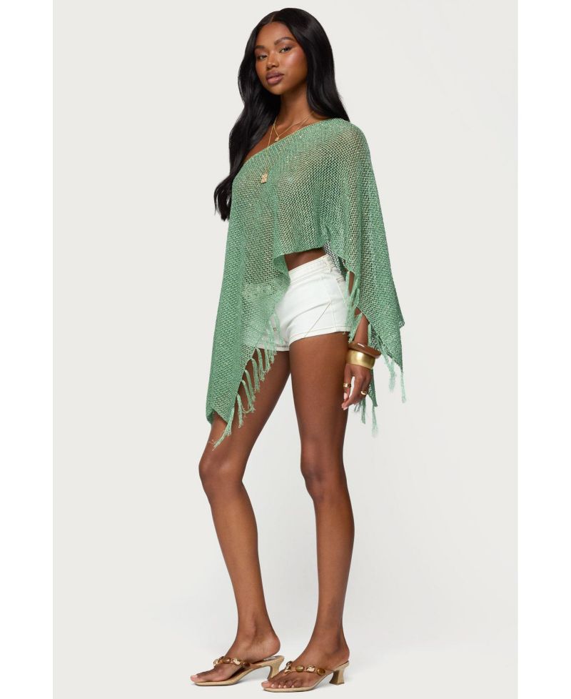 Women's Sequin Fringe Knit Poncho