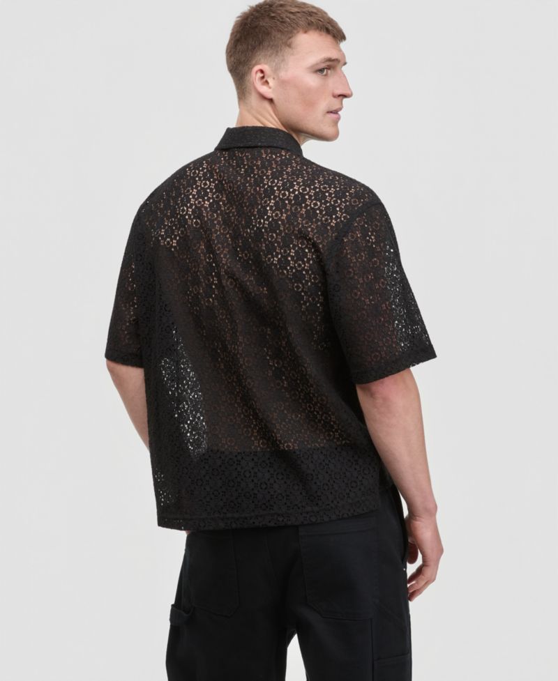 Men's Floral Lace Relaxed-Fit Camp Shirt