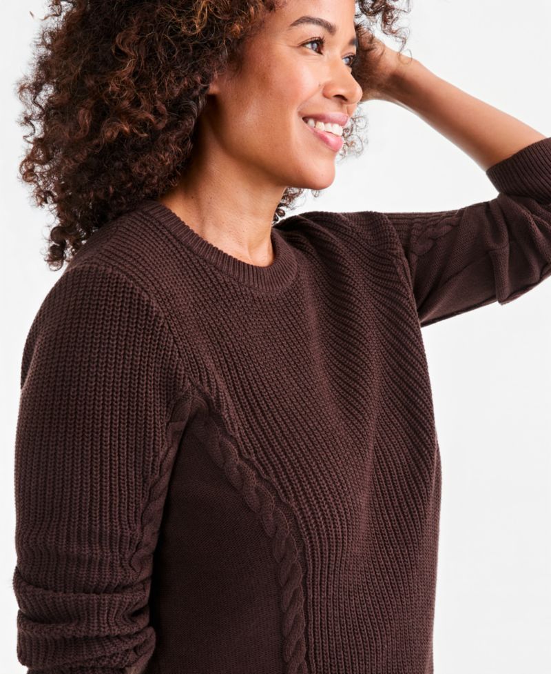Petite Mixed Rib Cable-Knit Cotton Crewneck Pullover