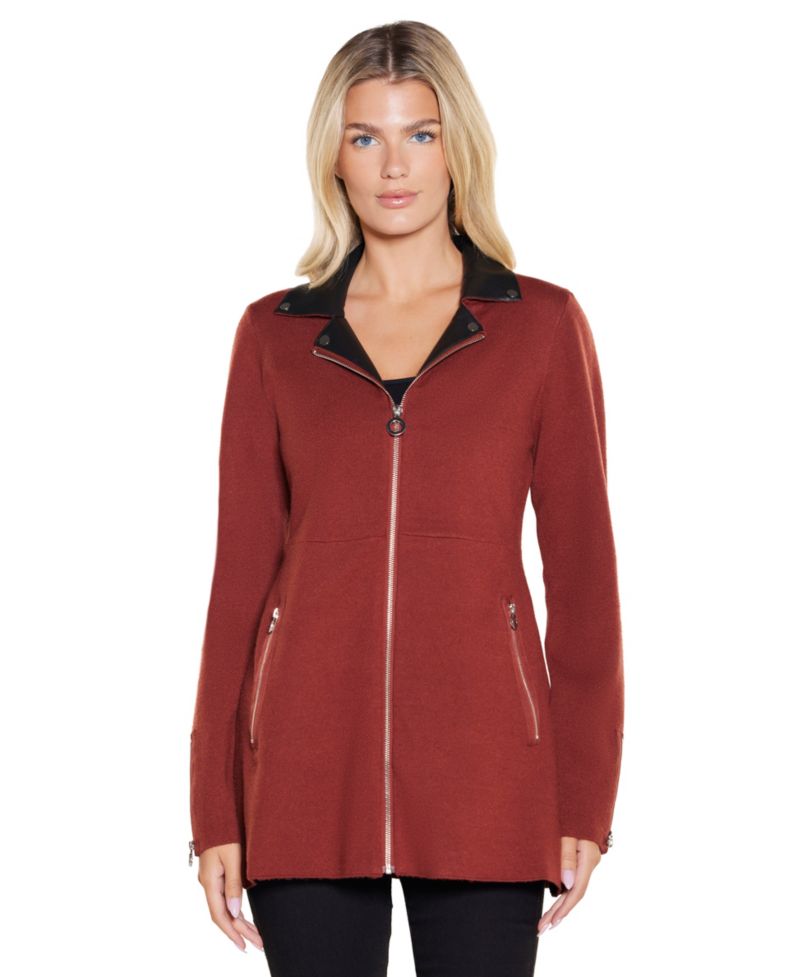 Black Label Women's Faux-Leather Collared Sweater Jacket