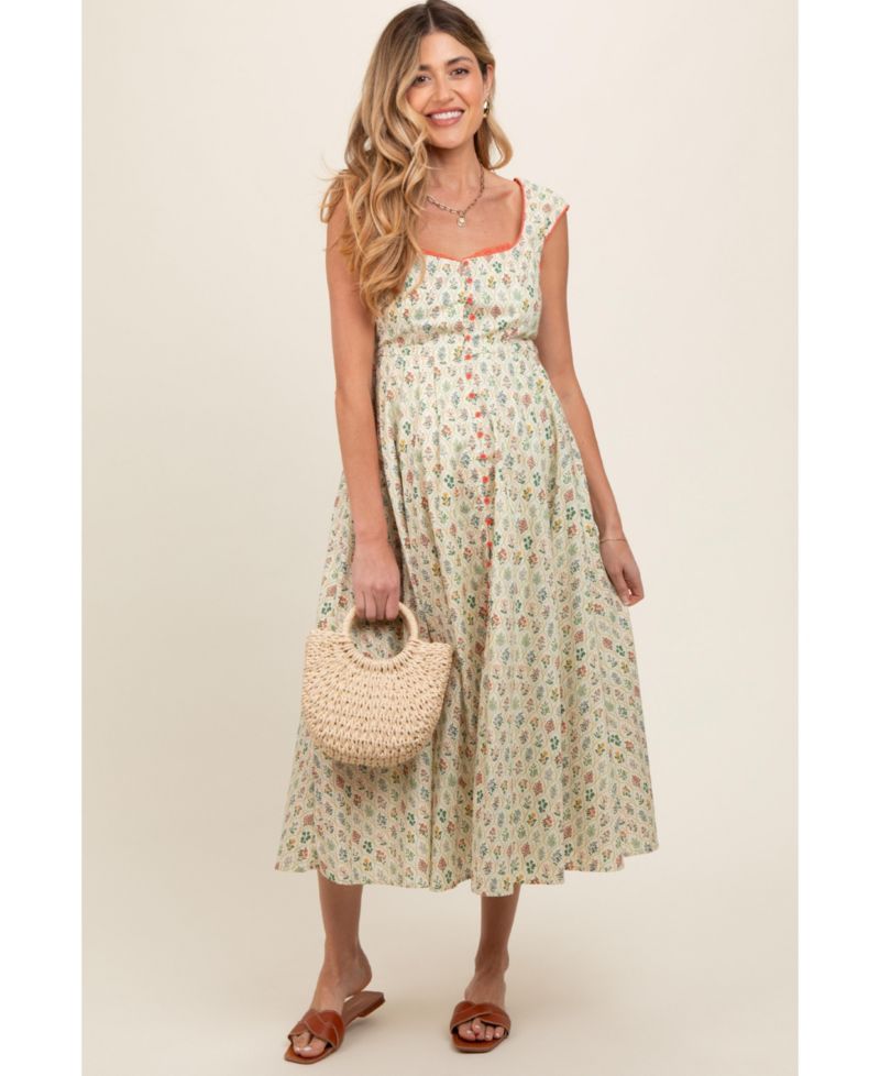 Women's Cream Floral Button Front Sleeveless Maxi Dress