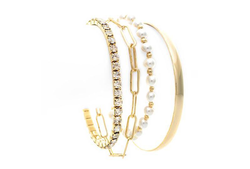 Mixed Gold, Pearl + Cubic Zirconia 4 Bracelet Set