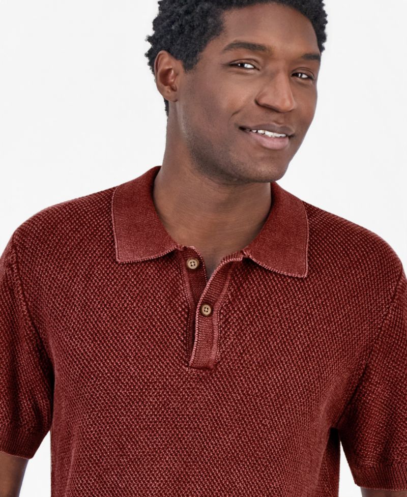 Men's Short-Sleeve Textured Polo Sweater