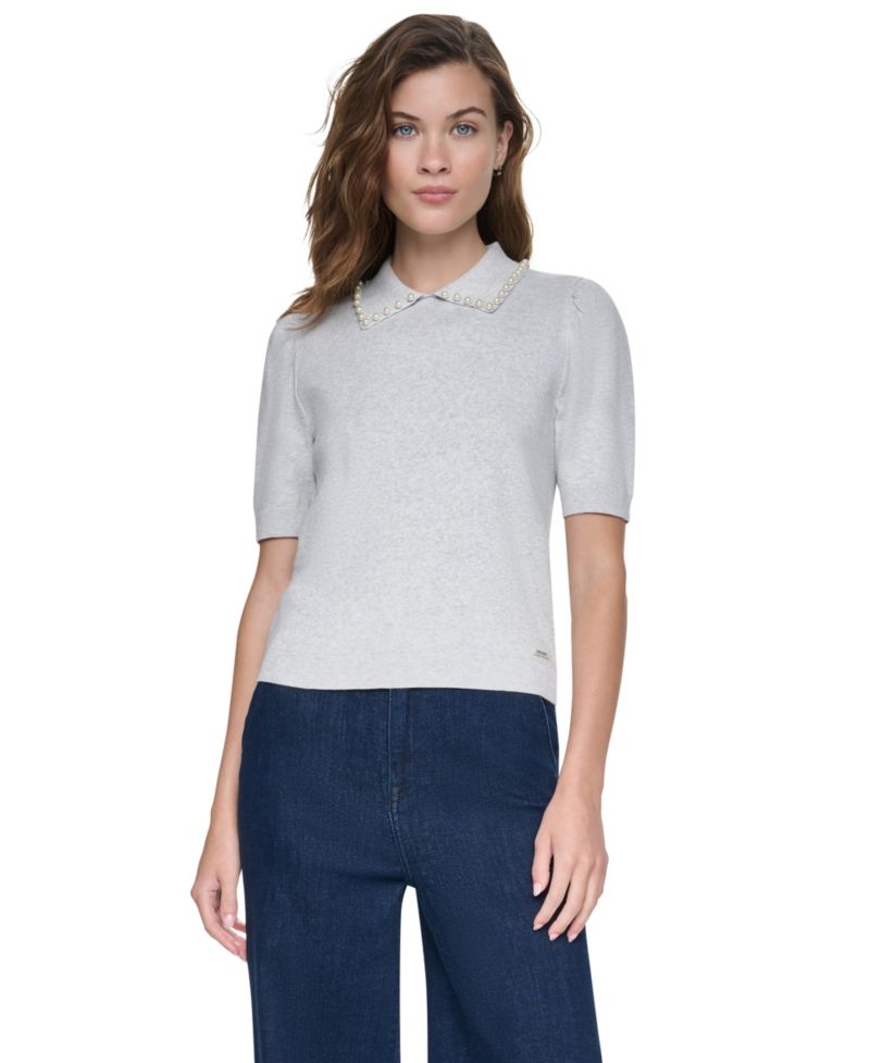 Petite Embellished Short-Puff-Sleeve Polo Sweater