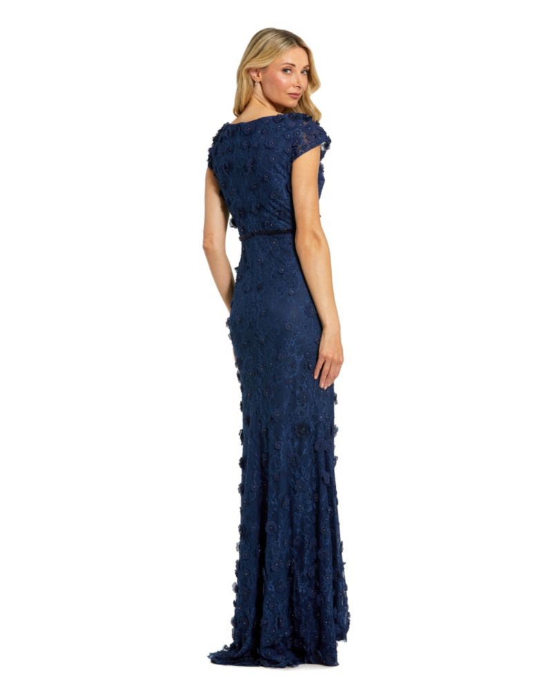 Women's Floral Applique Boat Neck Short Sleeve Gown