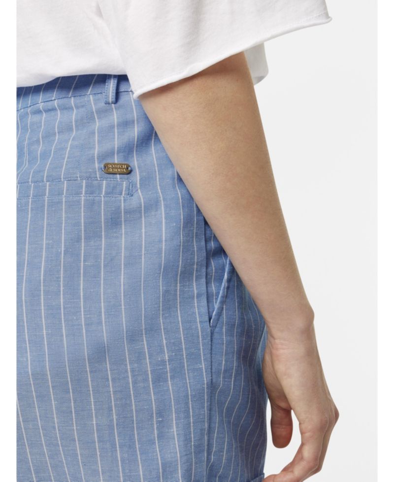 Women's High Rise Linen Printed Shorts, Blue and White Pin Stripe, XSmall
