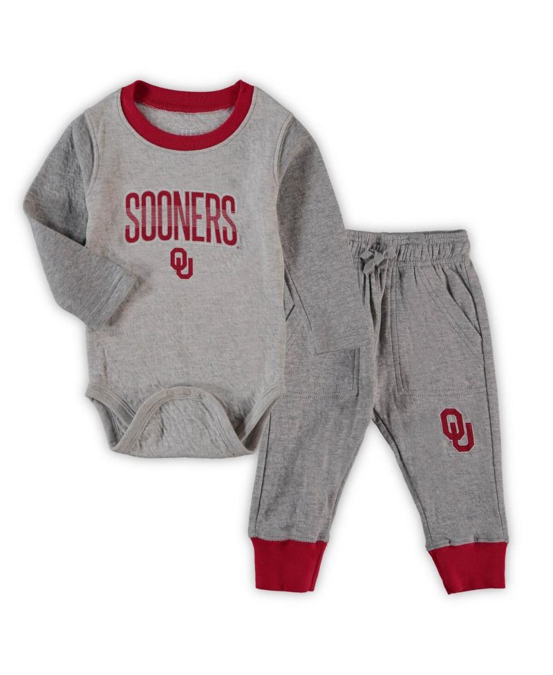 Infant Boys and Girls Heathered Gray, Crimson Oklahoma Sooners Jie Jie Long Sleeve Bodysuit and Pants Set