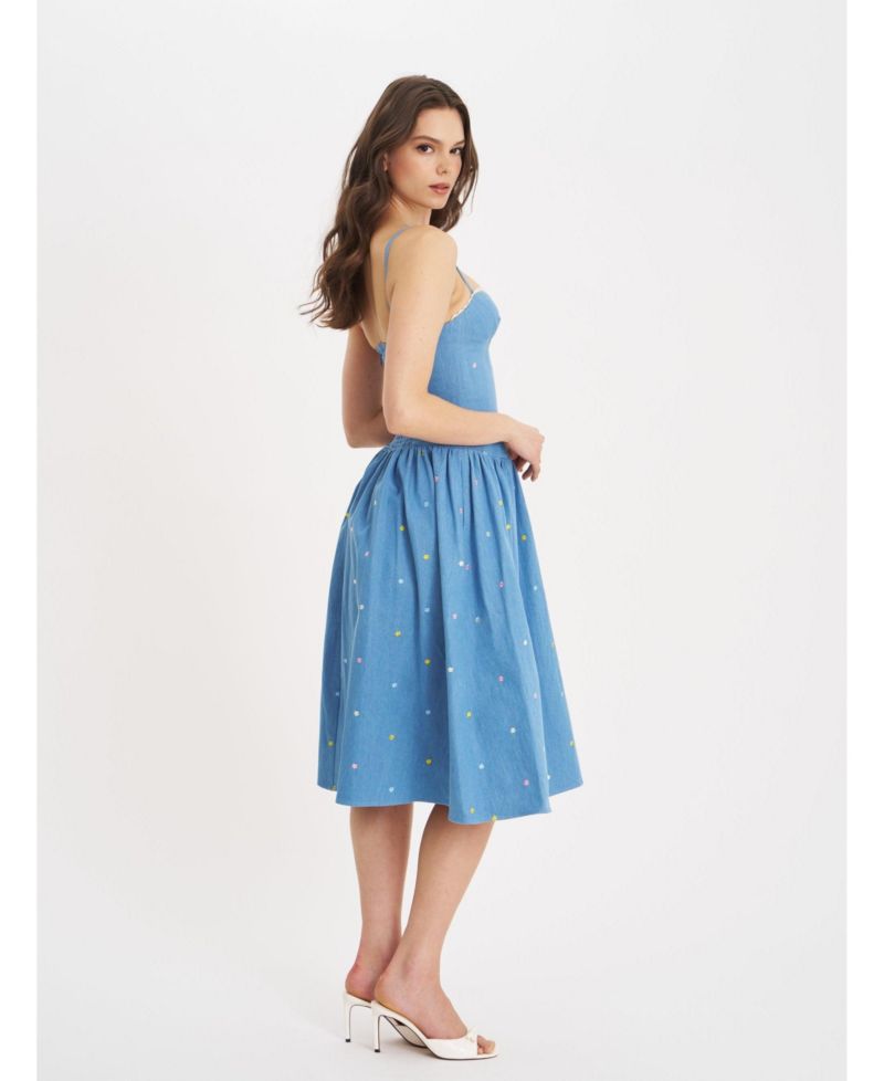 Women's Zadie Cotton Denim Drop Waist Embroidery Flower Midi Dress