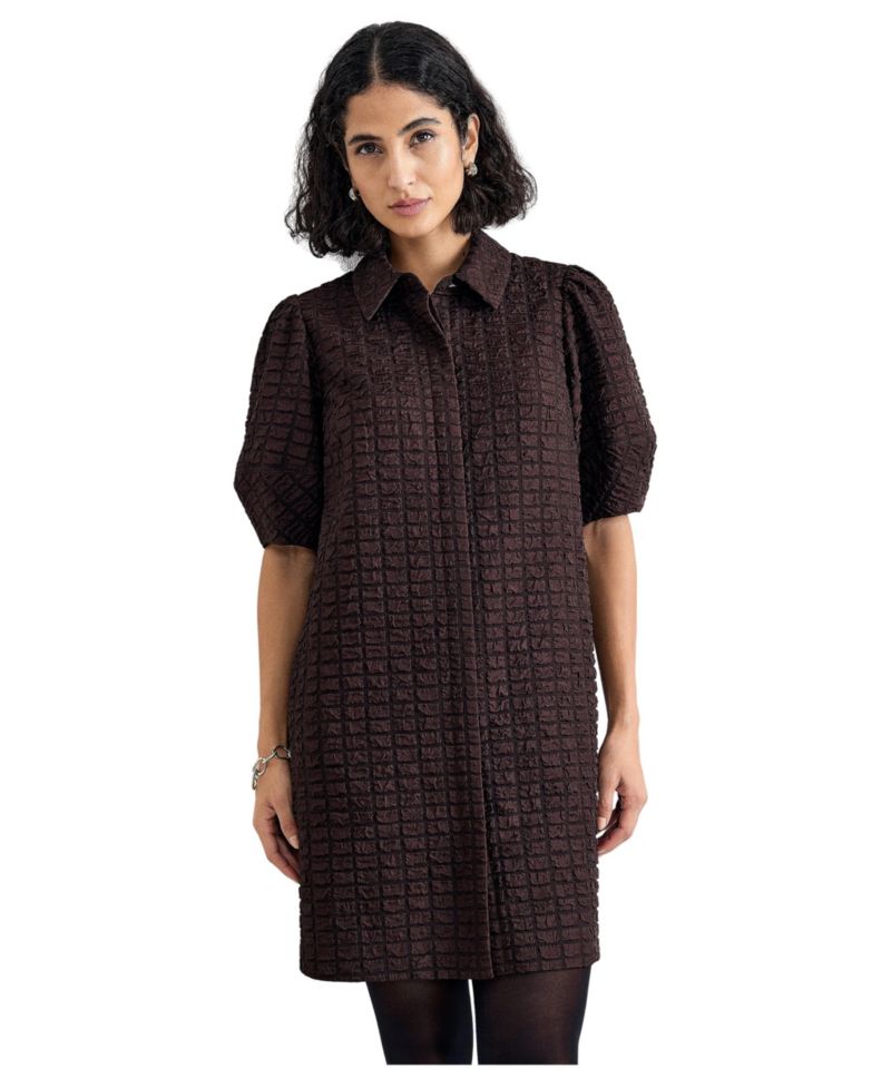 Women's Yasmine Textured Puff-Sleeve Pocket Mini Shirt Dress
