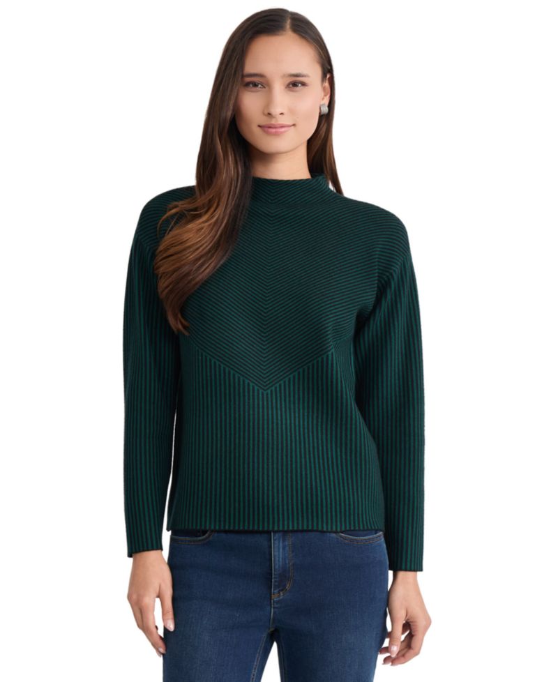 Women's Striped Funnel Mock Neck Long-Sleeve Sweater
