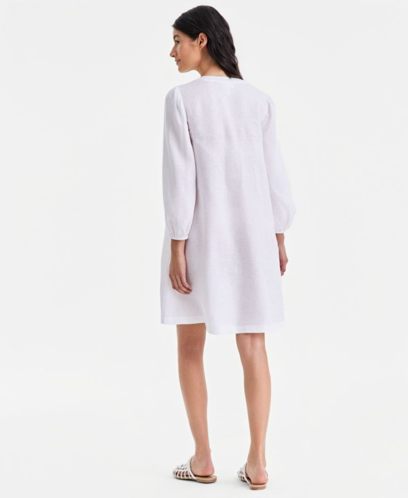 Women's 100% Linen Embellished Split-Neck Dress