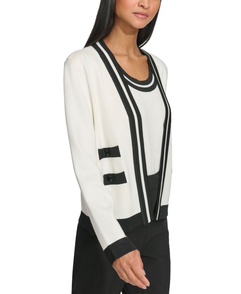 Petite Open-Front Long-Sleeve Knit Cardigan with Contrast Trim