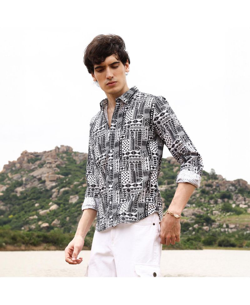 Men's Off-White & Midnight Black Abstract Geometric Shirt