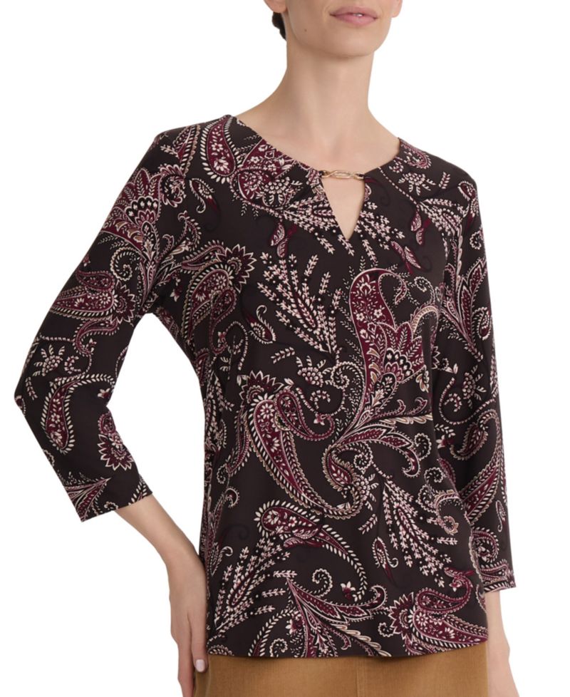 Petite Paisley-Print 3/4-Sleeve Keyhole-Neck Blouse