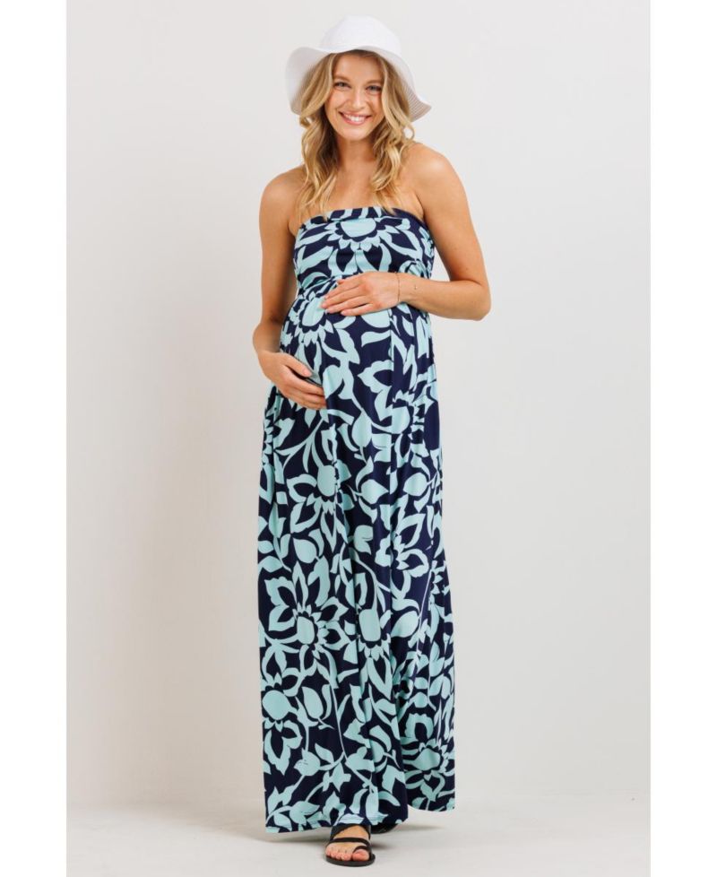 Women's Floral Strapless Empire Waist Maxi Dress with Side Pockets