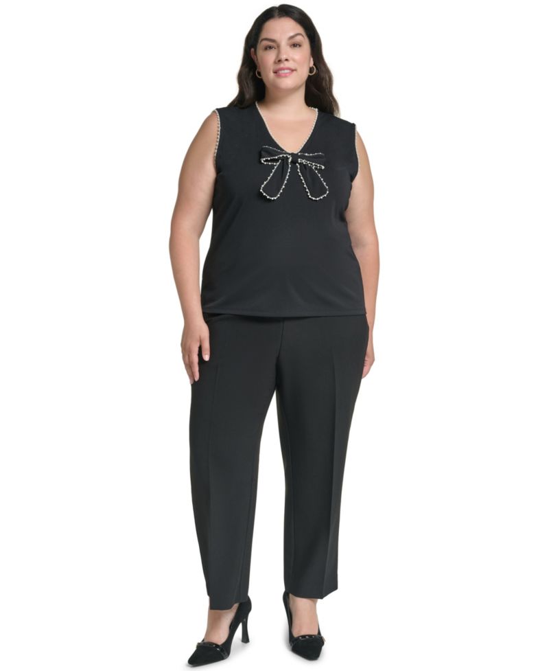 Plus Size V-Neck Sleeveless Imitation Pearl Bow Blouse
