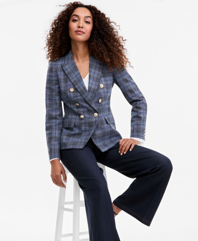 ASL Petite Plaid Double-Breasted Blazer