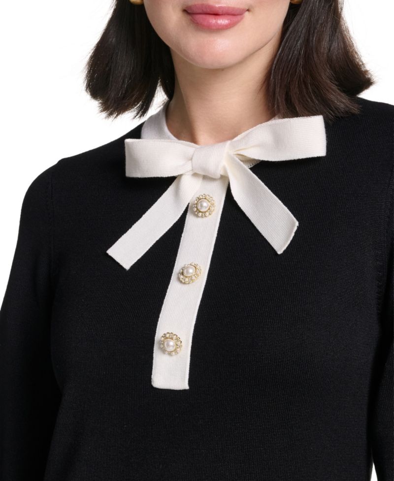 Petite Contrast Bow Color Block Sweater Dress