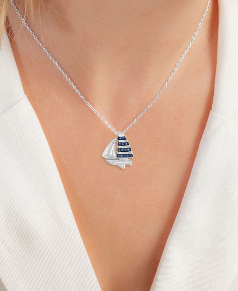 Created Blue Sapphire Ship Necklace in Rhodium Over Sterling Silver