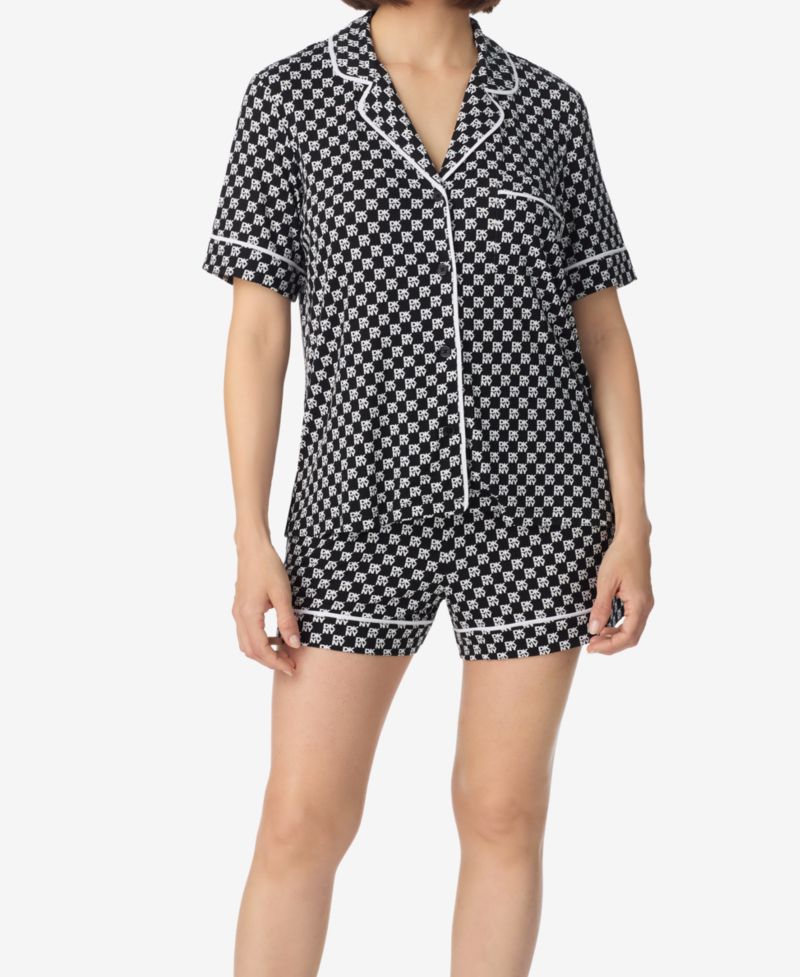Women's Sleepwear Short-Sleeve Notch Collar Top & Boxers, 2-Piece Set