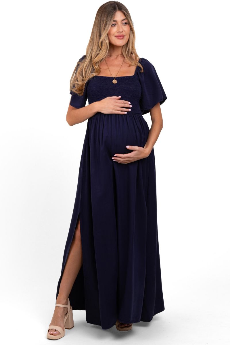 Women's Navy Chambray Smocked Maxi Dress