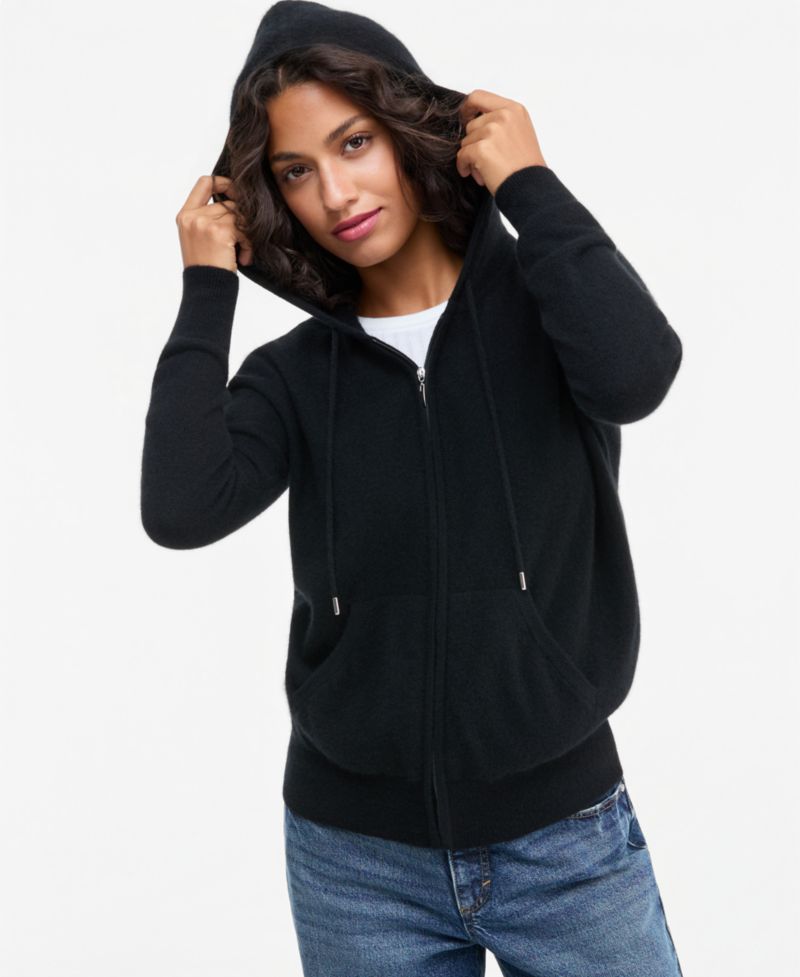 Petite Cashmere Long-Sleeve Zip-Front Hoodie