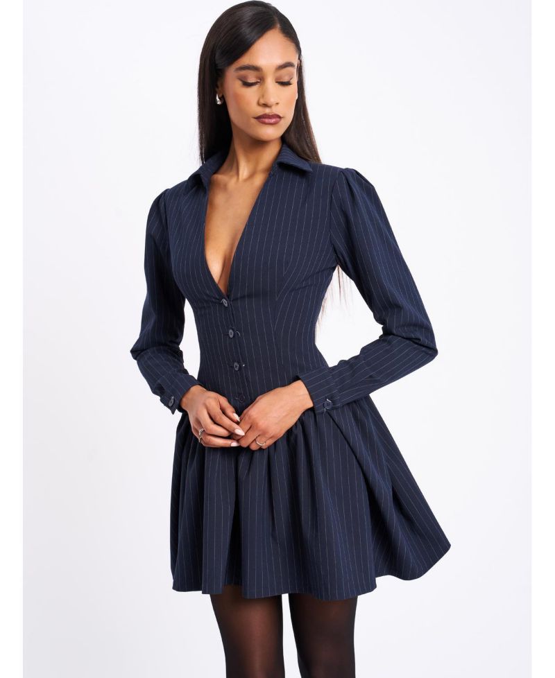 Women's Xabrina Navyblue Pinstripe Long Sleeve Shirt Mini Dress