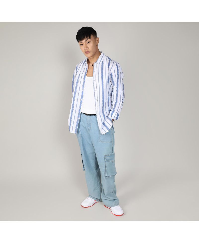 Men's Sky Blue & Chalk White Striped Fringe Shirt
