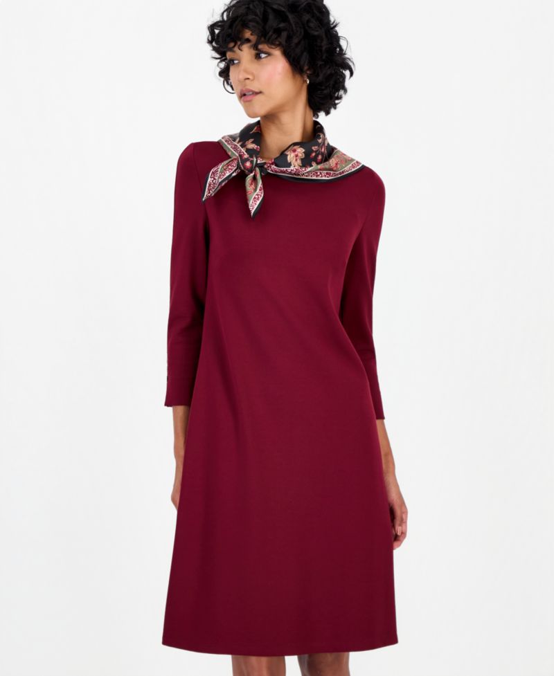 Women's 3/4-Sleeve Midi Dress with Combo Scarf