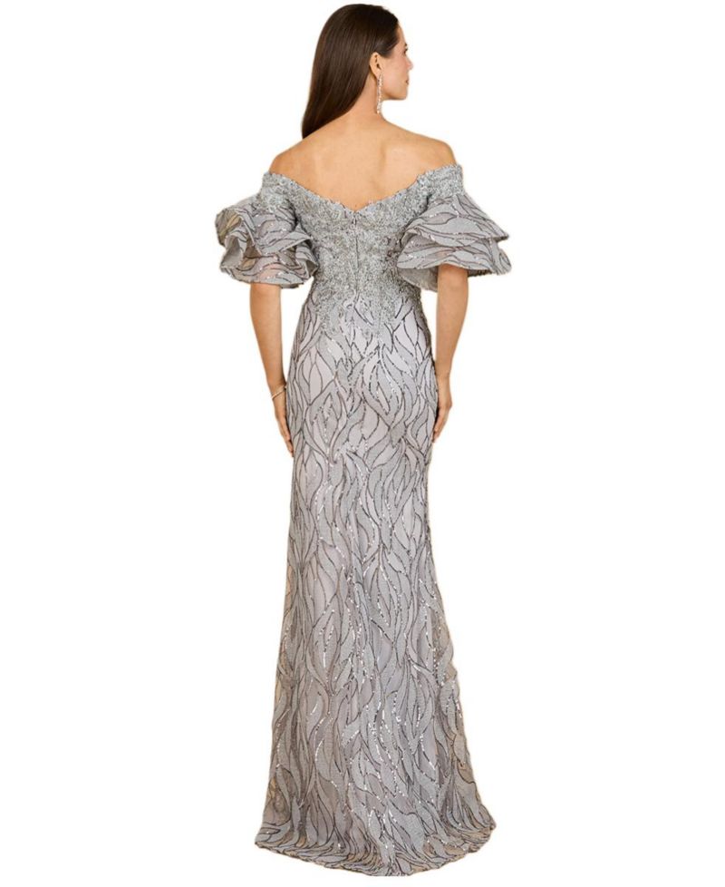 Women's Off shoulder mermaid beaded gown with tiered sleeves