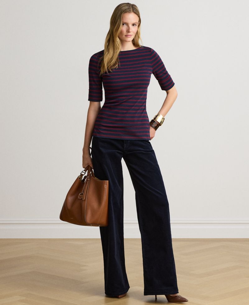 Petite Striped Stretch Cotton Boat Neck Top