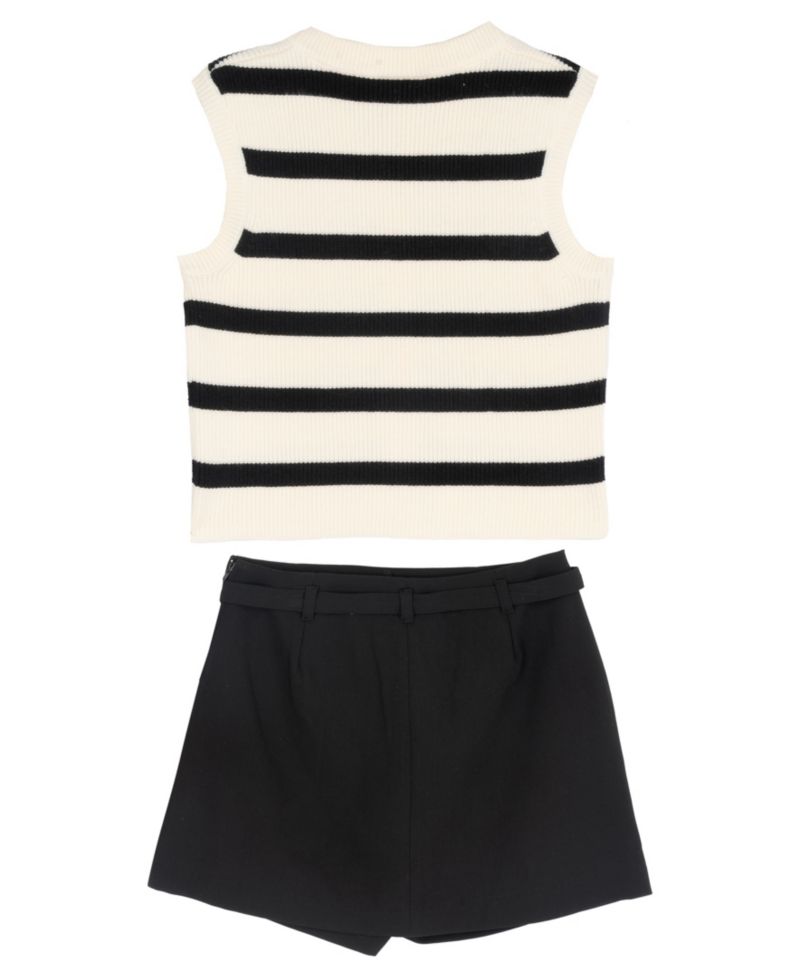 Girls' 7-12 Striped Sweater Vest, Pleated Skort with Belt and Bow Hair Clip, 3-Piece Set
