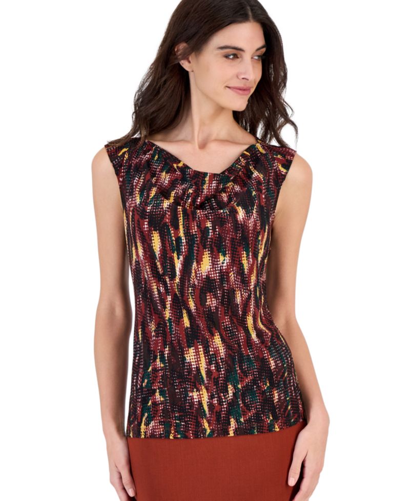 Petite Allover-Print Cap-Sleeve Cowl-Neck Blouse